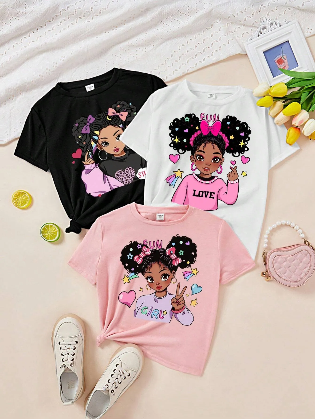 Tween Girl Casual Simple Cartoon Girl Artery Portrait Pattern Multicolor T-Shirts, Suitable For Summer