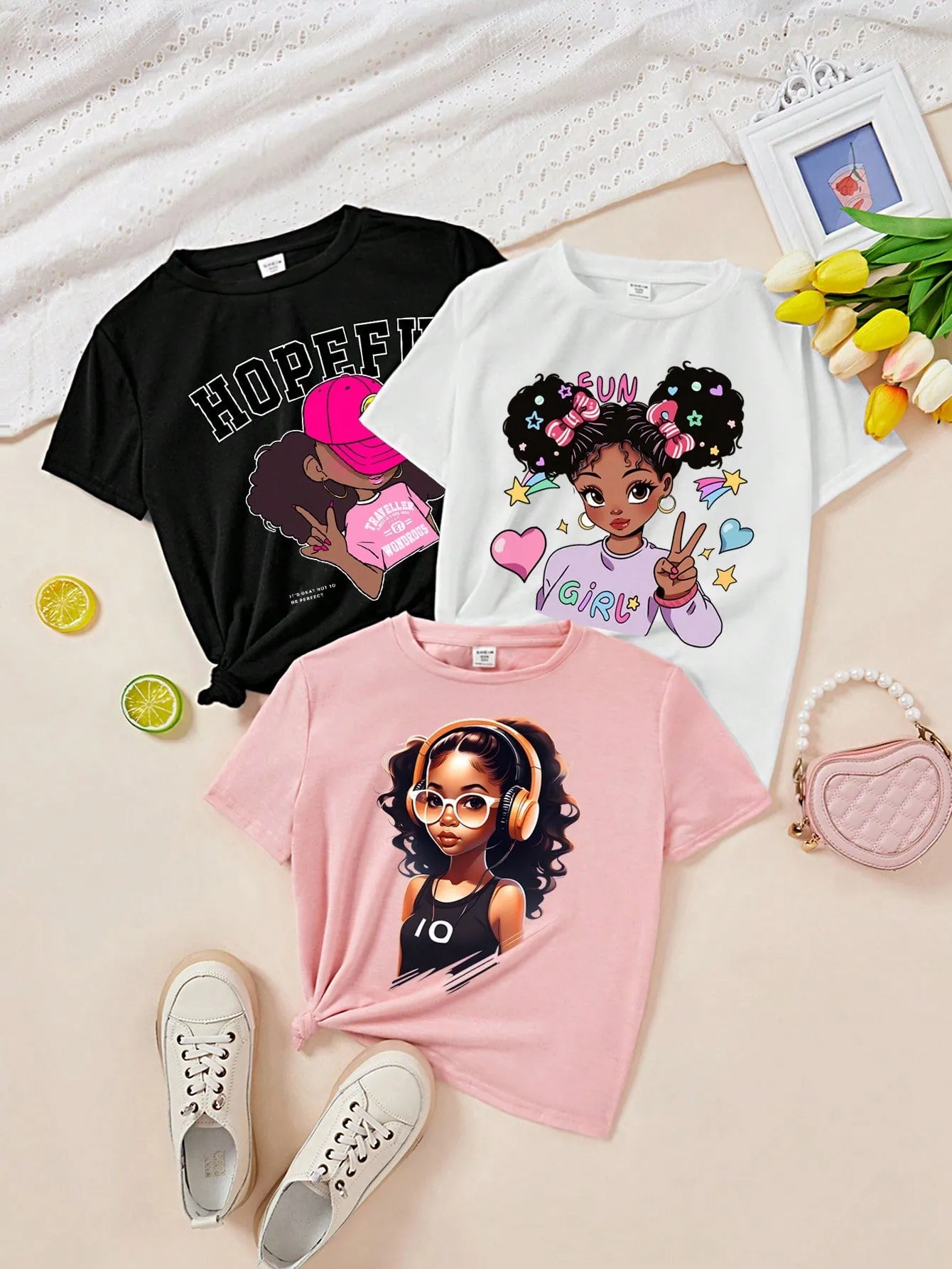 Tween Girl Casual Simple Cartoon Girl Artery Portrait Pattern Multicolor T-Shirts, Suitable For Summer