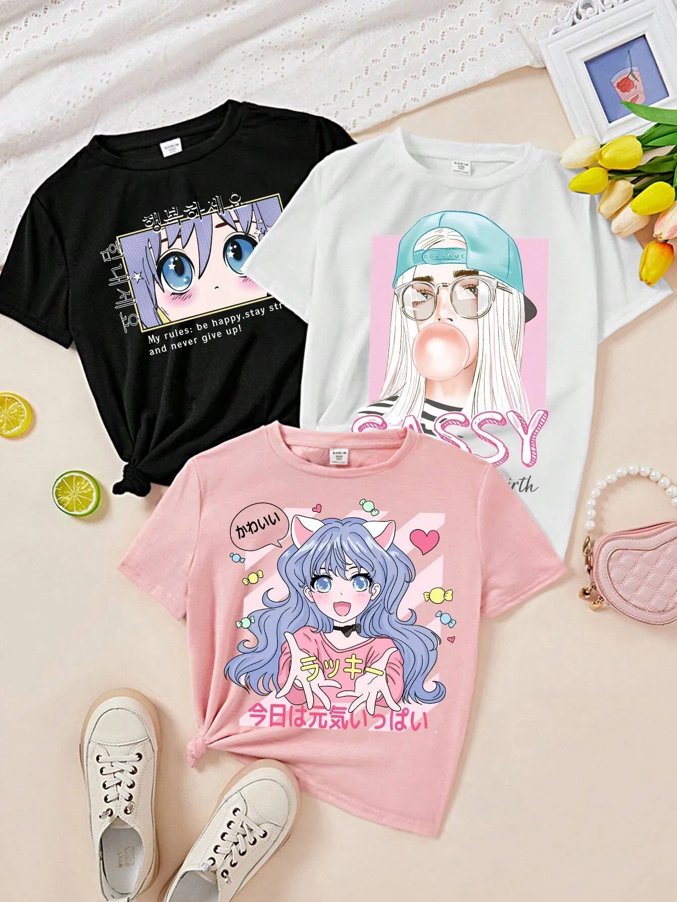 Tween Girl Casual Simple Cartoon Girl Artery Portrait Pattern Multicolor T-Shirts, Suitable For Summer