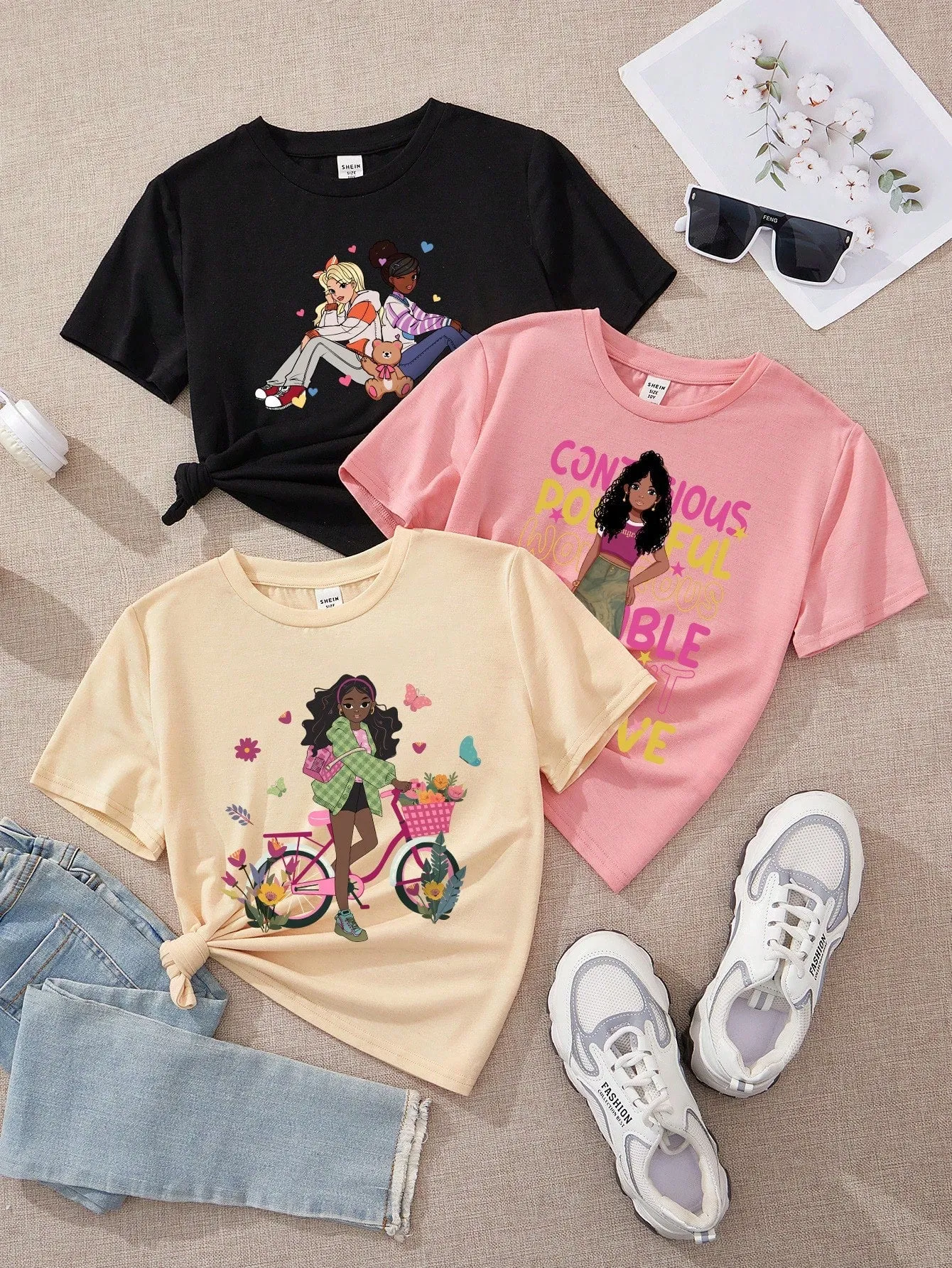 Tween Girl Casual Simple Cartoon Girl Artery Portrait Pattern Multicolor T-Shirts, Suitable For Summer