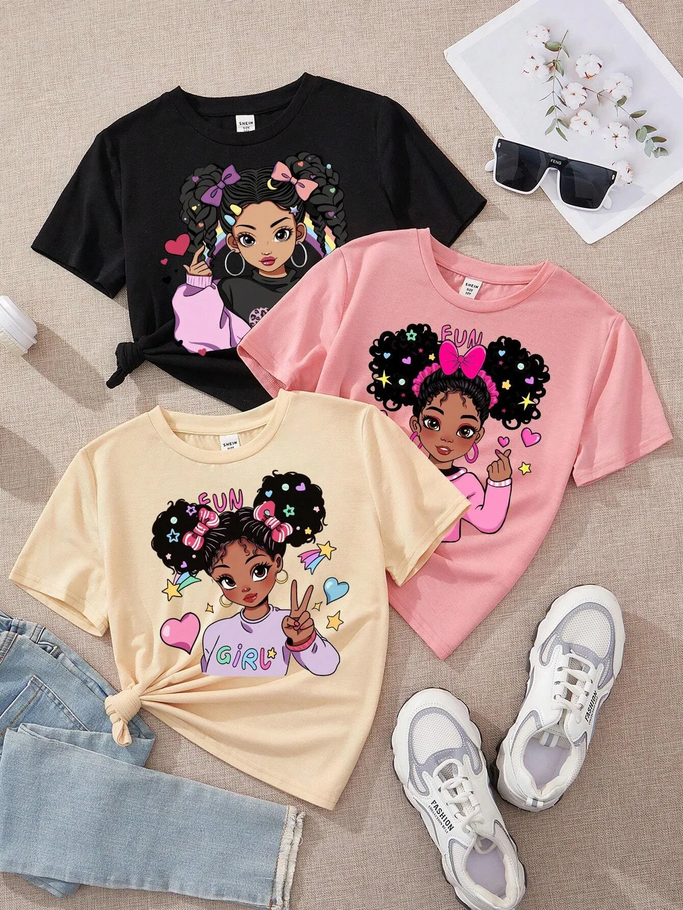 Tween Girl Casual Simple Cartoon Girl Artery Portrait Pattern Multicolor T-Shirts, Suitable For Summer