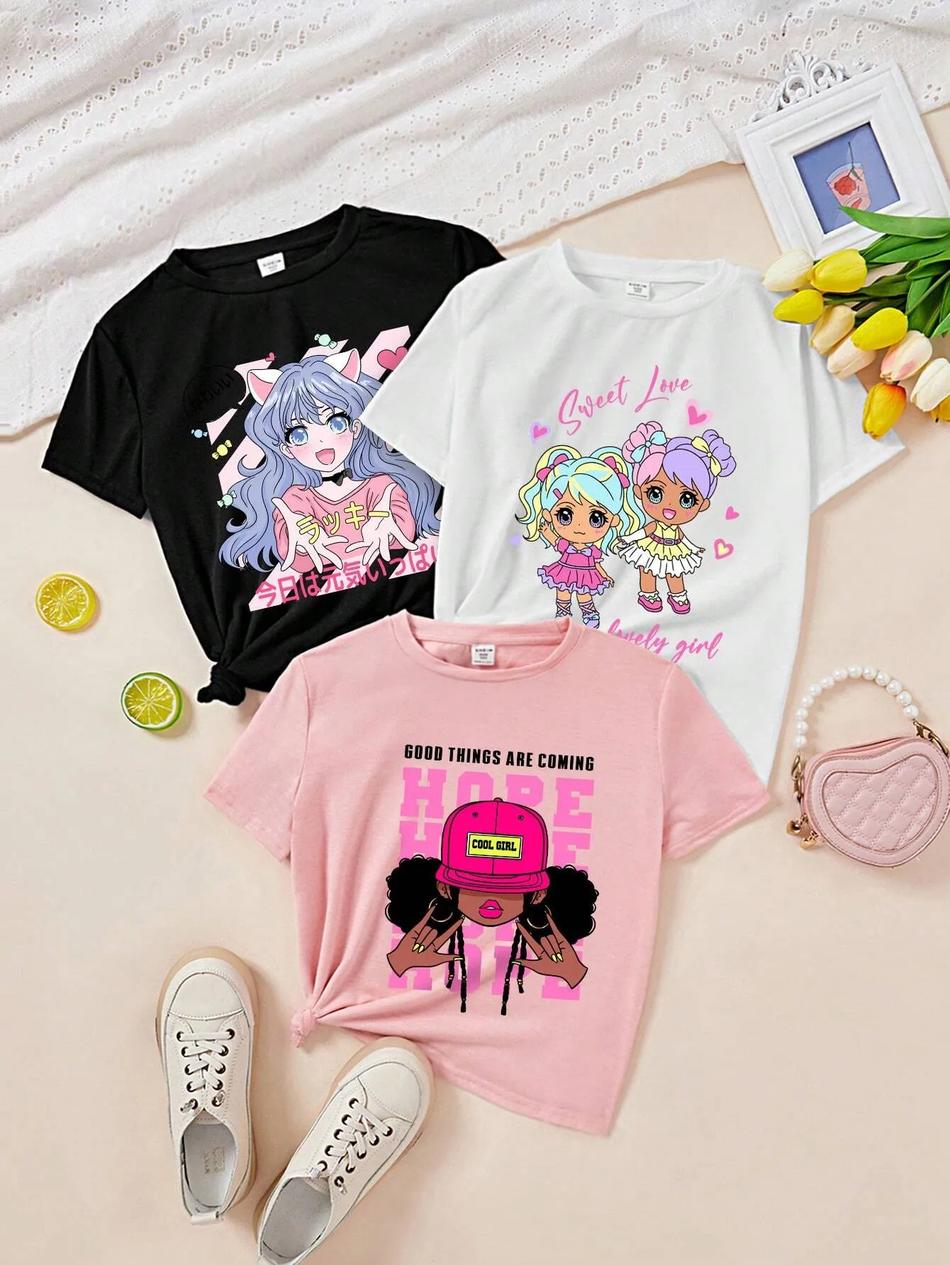 Tween Girl Casual Simple Cartoon Girl Artery Portrait Pattern Multicolor T-Shirts, Suitable For Summer