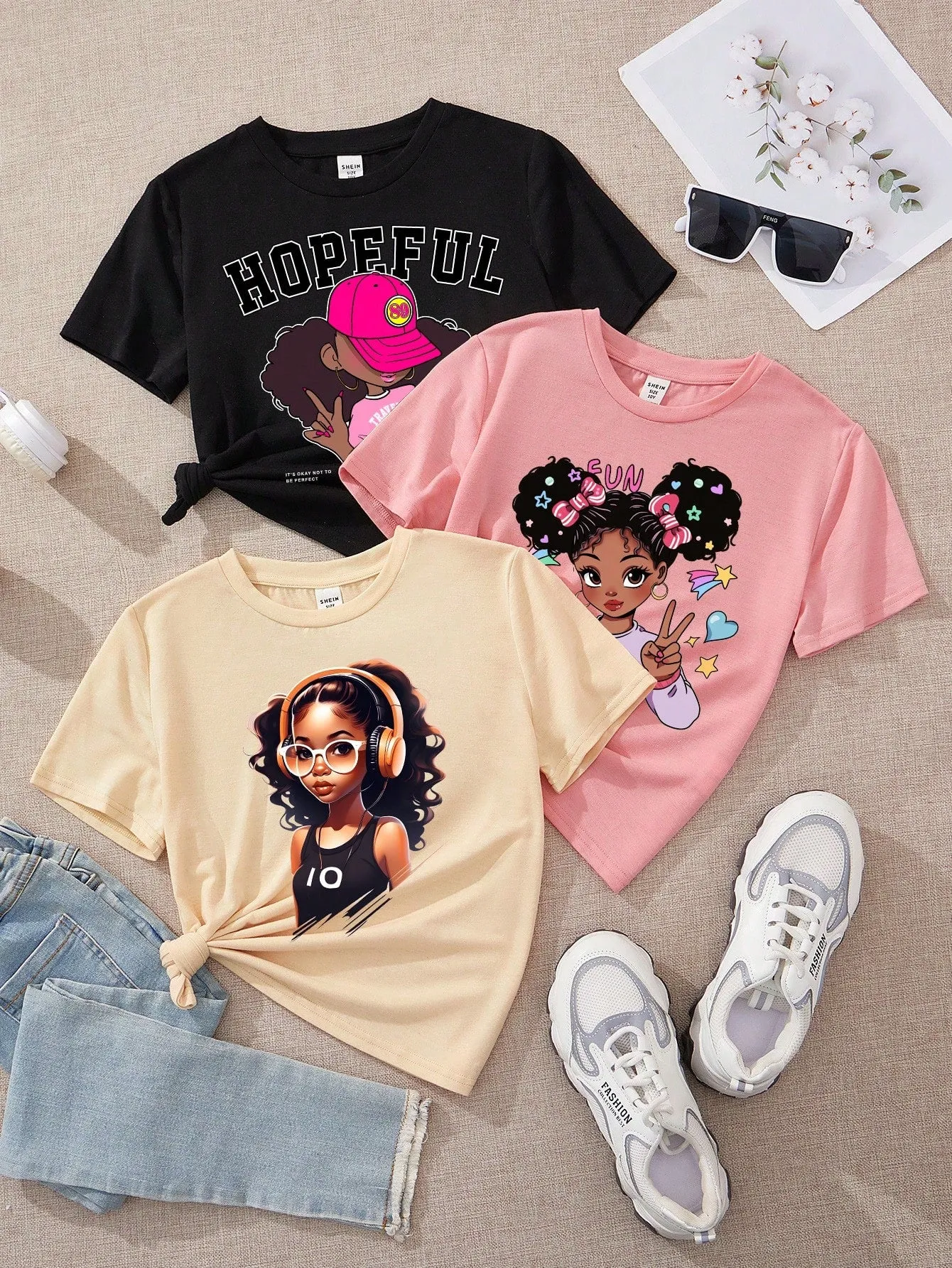 Tween Girl Casual Simple Cartoon Girl Artery Portrait Pattern Multicolor T-Shirts, Suitable For Summer