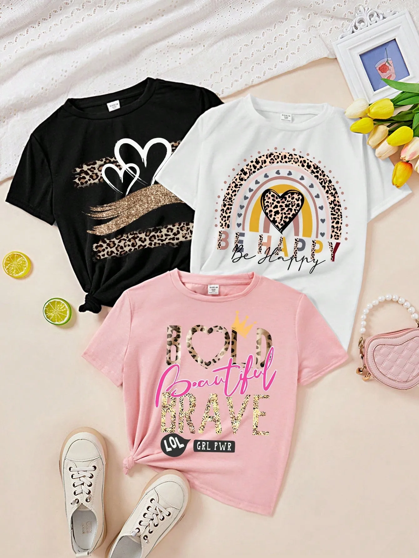 Tween Girl Casual Simple Cartoon Girl Artery Portrait Pattern Multicolor T-Shirts, Suitable For Summer