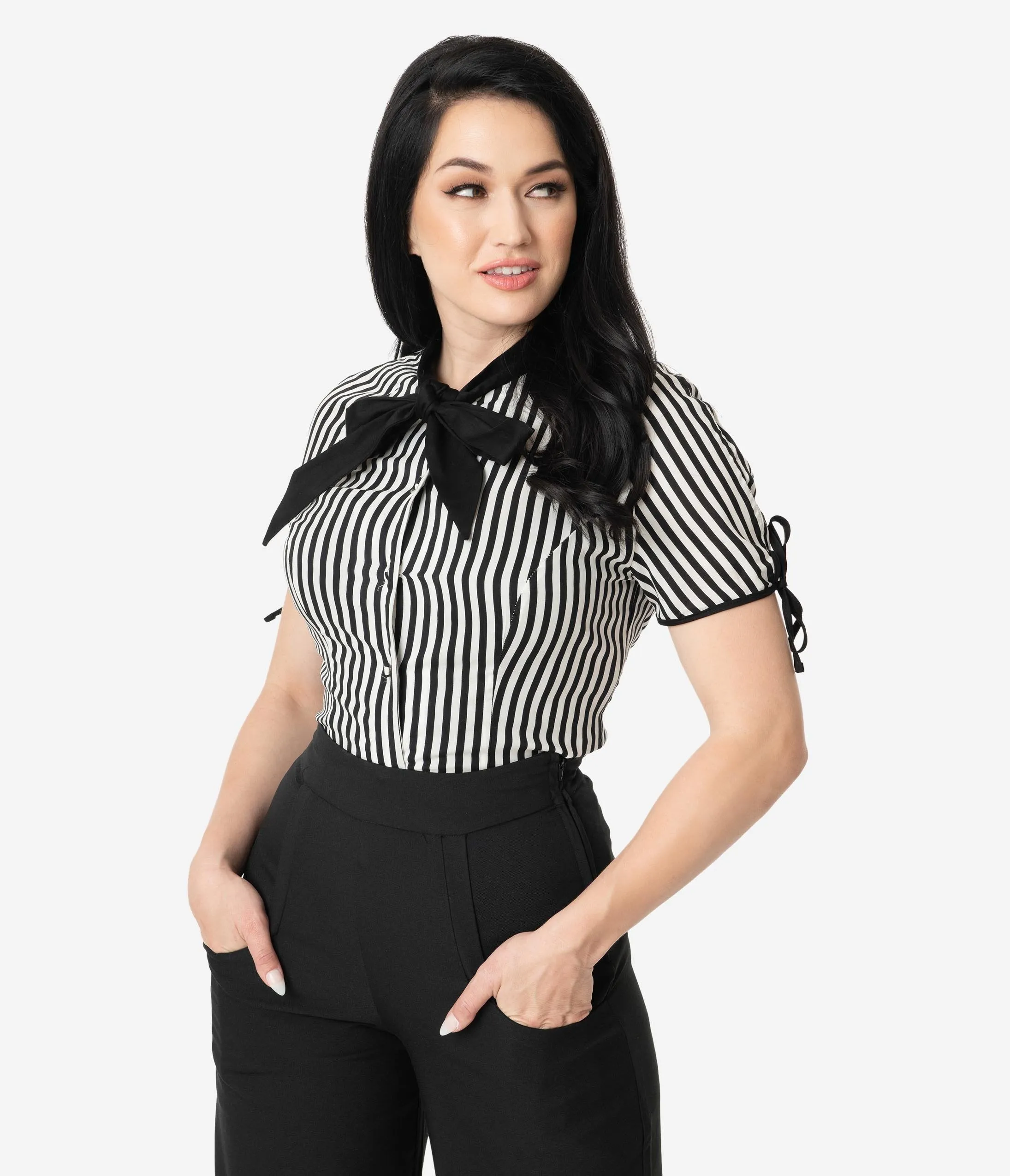 Unique Vintage 1940s Style Black & White Stripe Bow Tie Chita Blouse