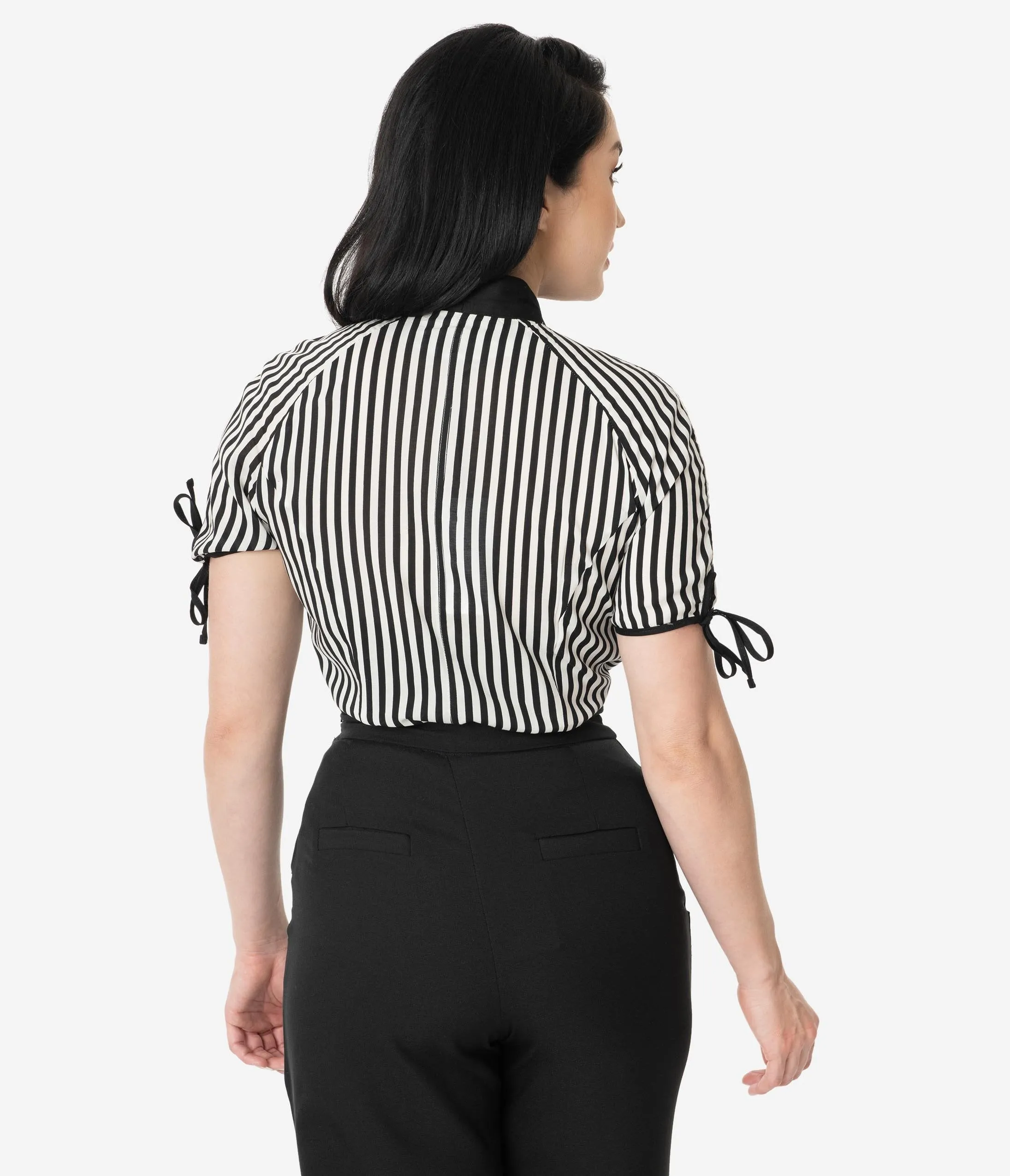 Unique Vintage 1940s Style Black & White Stripe Bow Tie Chita Blouse