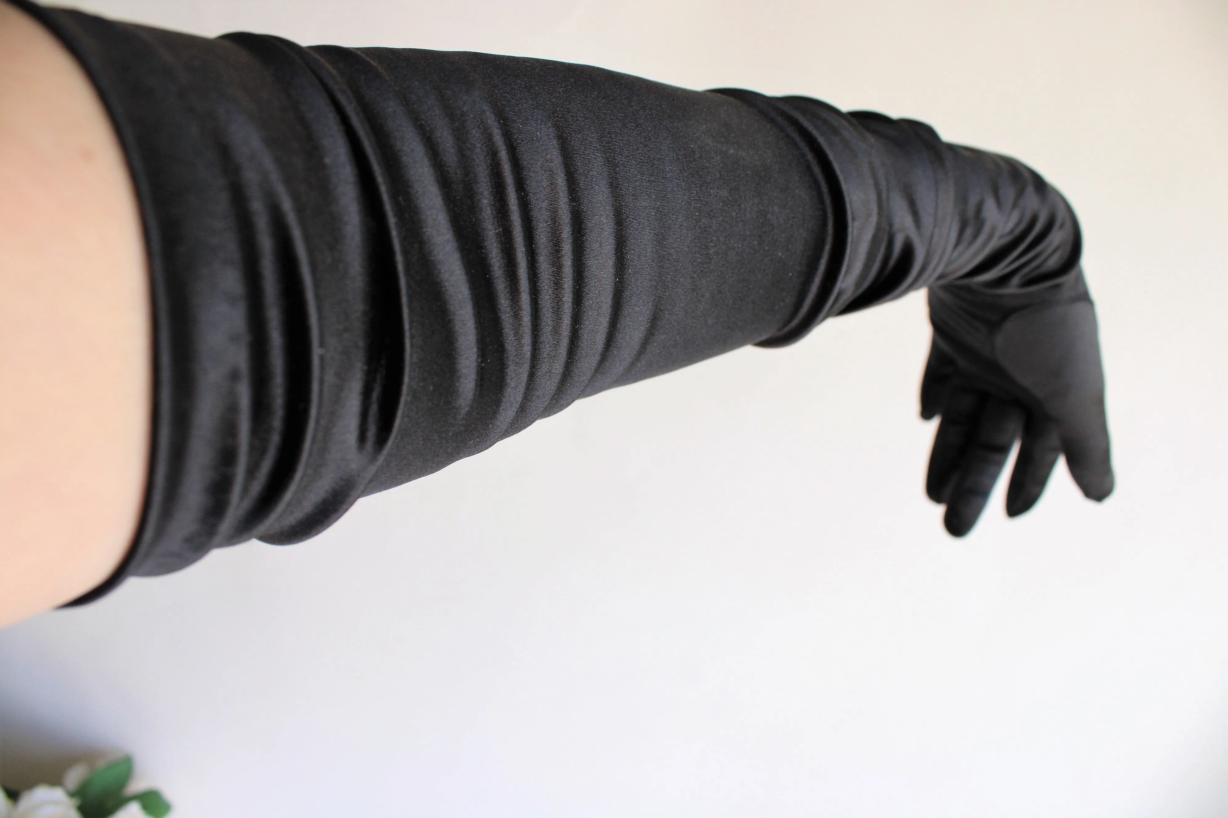 Vintage 1990s Shoulder Length Black Satin Gloves