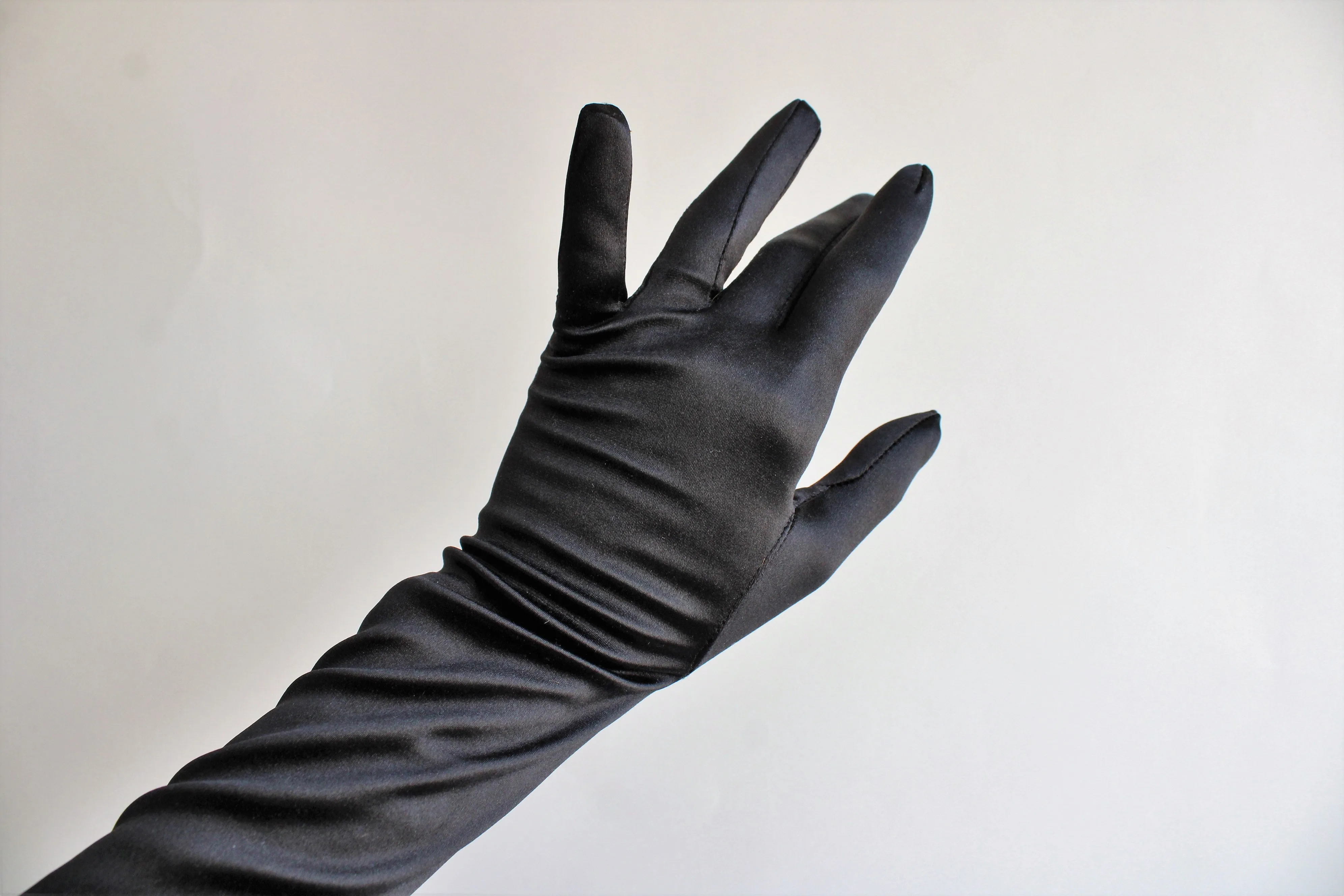 Vintage 1990s Shoulder Length Black Satin Gloves