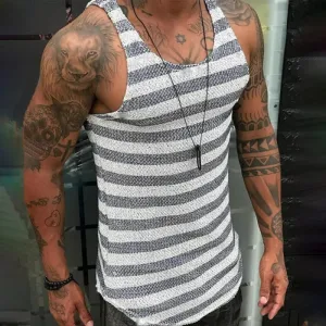 Wiaofellas  -  guys clothing style Summer Men's Striped Knitted Mesh Tank Tops Casual  Sleeveless Home Wear Sexy T-shirt for Men Breathable Quick Dry Knitwear