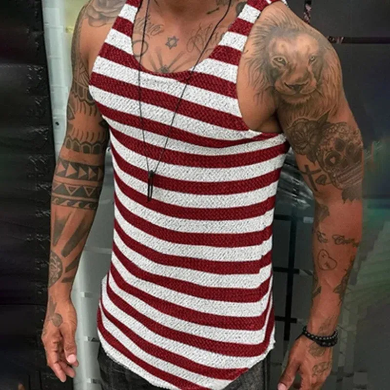 Wiaofellas  -  guys clothing style Summer Men's Striped Knitted Mesh Tank Tops Casual  Sleeveless Home Wear Sexy T-shirt for Men Breathable Quick Dry Knitwear