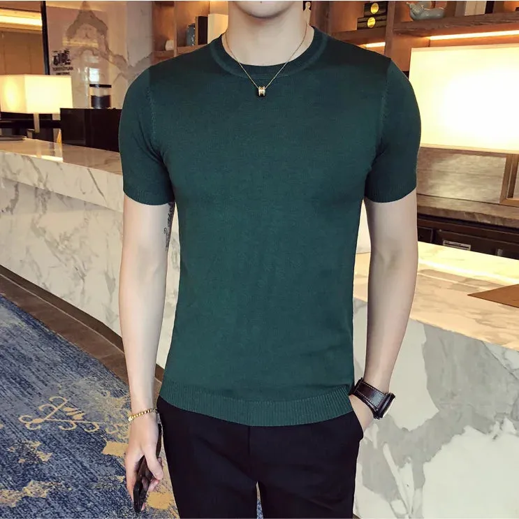 WIAOFELLAS  -  Summer New Men Solid Color T Shirt Mens Clothing Casual Slim Fit Knitted T Shirts Short Sleeve Tops Large Size 4XL