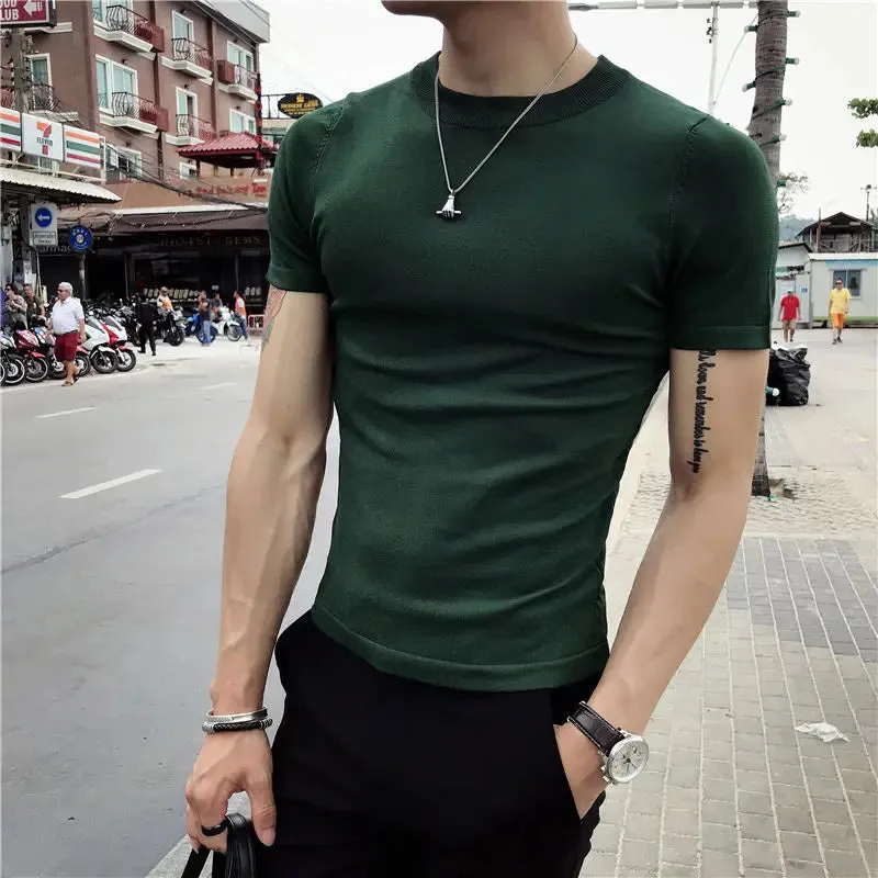 WIAOFELLAS  -  Summer New Men Solid Color T Shirt Mens Clothing Casual Slim Fit Knitted T Shirts Short Sleeve Tops Large Size 4XL