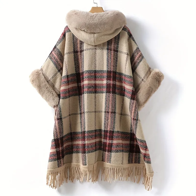 Winter Shawl Cape Coat - Ultra-Thick, Warm, and Soft Knitted Plaid Outwear with Tassel and Hood, Perfect for Mature Women in Cold Winter Season