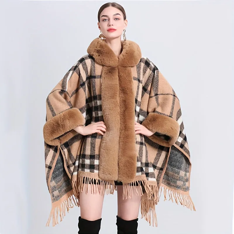 Winter Shawl Cape Coat - Ultra-Thick, Warm, and Soft Knitted Plaid Outwear with Tassel and Hood, Perfect for Mature Women in Cold Winter Season