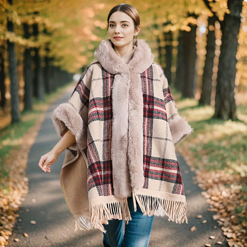 Winter Shawl Cape Coat - Ultra-Thick, Warm, and Soft Knitted Plaid Outwear with Tassel and Hood, Perfect for Mature Women in Cold Winter Season